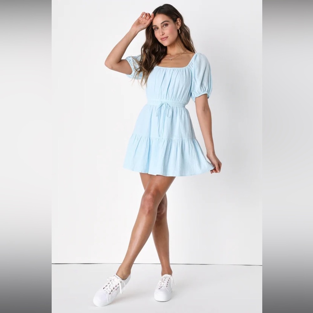 Lulu’s Sunny Day Feeling Light Blue Tiered Puff Sleeve Mini Dress
